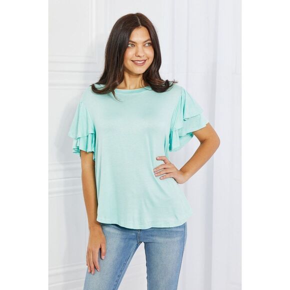 Culture Code Mi Amor Full Size Round Neck Ruffle Sleeve Top In Blue - Picture 7 of 12